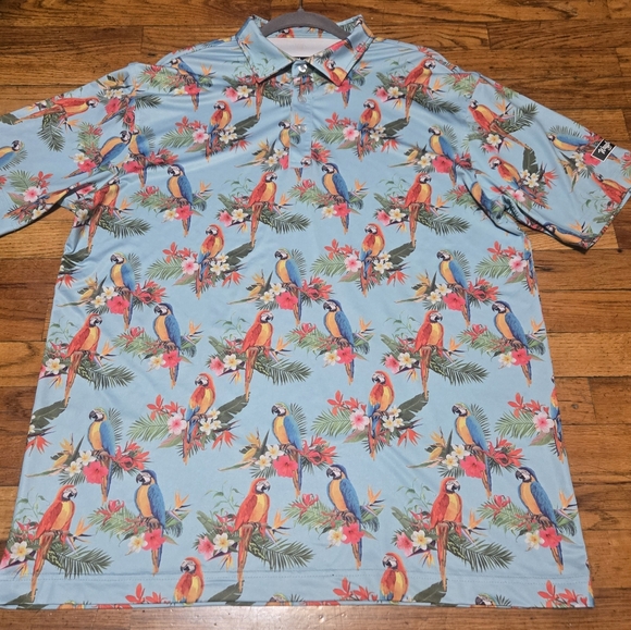 Waggle Golf Polo Shirt Mens XL Blue Parrot Flowers AOP Performance Stretch Wick - Picture 2 of 7